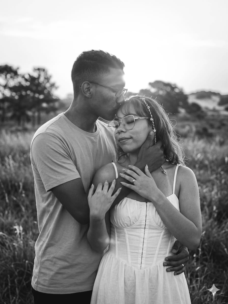 Ezequiel beijando a testa de Maria ao pôr do sol
