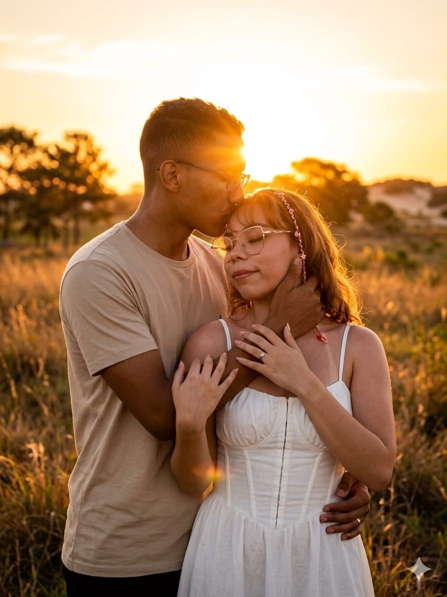 Maria e Ezequiel abraçados durante o pôr do sol